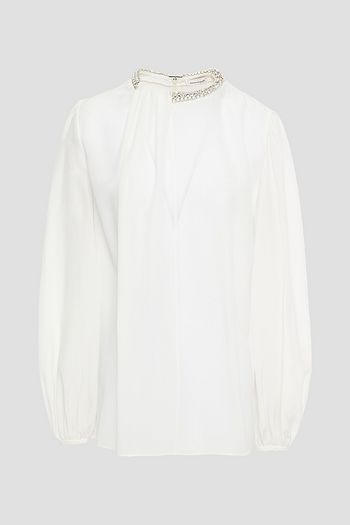 ALEXANDER MCQUEEN Draped crystal-embellished silk crepe de chine blouse