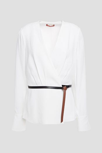 ALTUZARRA Leather-trimmed satin-crepe wrap top