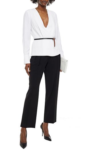 ALTUZARRA Leather-trimmed satin-crepe wrap top