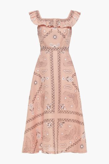 SANDRO Gale ruffle-trimmed printed linen and cotton-blend midi dress