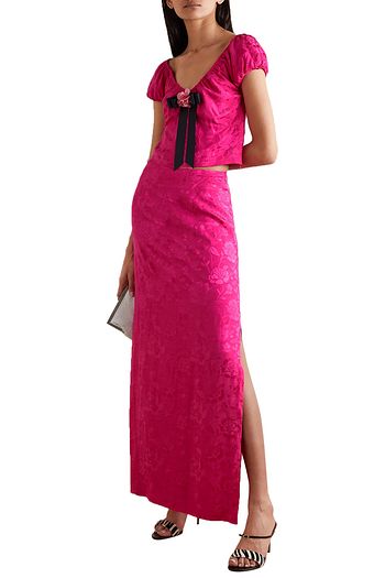 STAUD Bow-embellished floral-jacquard top