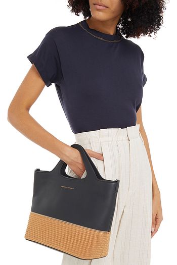 BRUNELLO CUCINELLI Tote Bag aus Narbenleder und Raffiabastimitat mit Zierperlen