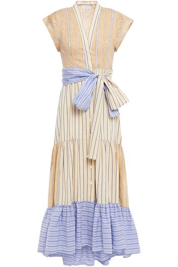 SANDRO Rosanda gestreiftes Midikleid aus einer Leinenmischung in Patchwork-Optik mit Gürtel