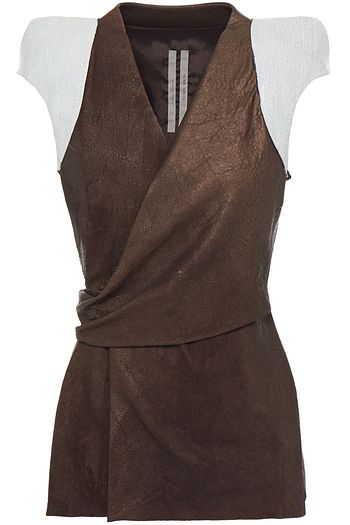 RICK OWENS Denim-trimmed metallic leather wrap jacket