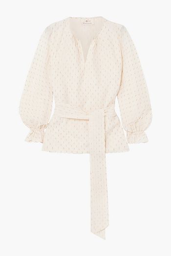 AROSSGIRL X SOLER Amanda belted metallic fil coupé cotton-blend blouse