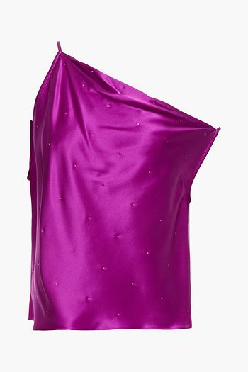 MICHELLE MASON One-shoulder crystal-embellished draped silk-charmeuse camisole