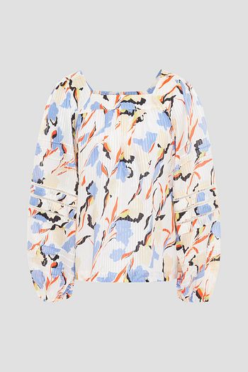 JOIE Gathered printed cotton and silk-blend jacquard blouse