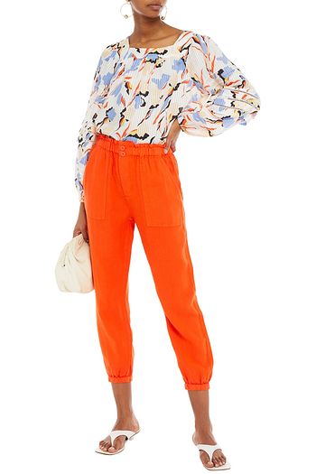 JOIE Gathered printed cotton and silk-blend jacquard blouse