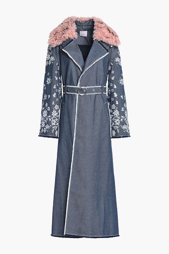 CINQ À SEPT Shearling-trimmed embroidered denim trench coat
