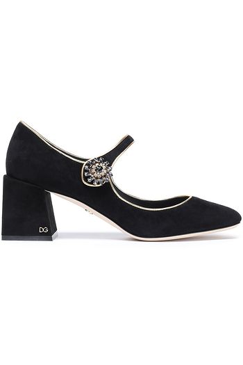 DOLCE & GABBANA Mary-Jane-Pumps aus Veloursleder mit Kristallverzierung und Metallic-Besatz