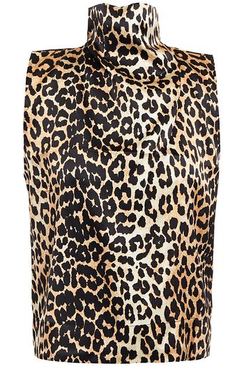 GANNI Leopard-print stretch-silk satin turtleneck top