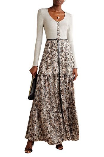 ALTUZARRA Pollie belted ribbed-knit and snake-print silk-blend chiffon maxi dress