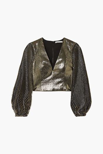ALICE + OLIVIA Ranee cropped pleated lamé blouse