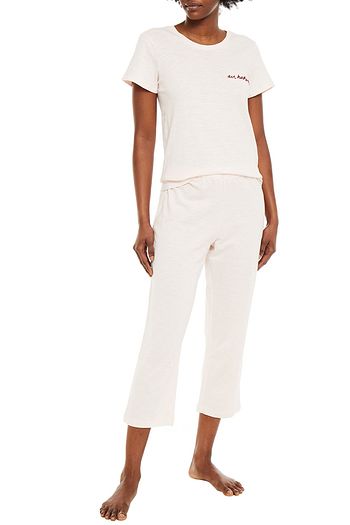 NATURAL SKIN Cropped embroidered slub organic cotton-jersey pajama pants