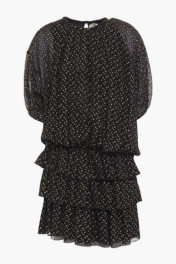 SAINT LAURENT Tiered metallic fil coupé silk-blend georgette mini dress