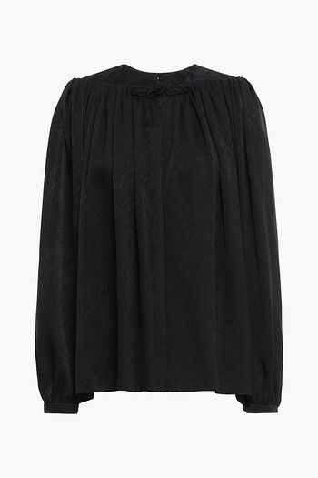 SAINT LAURENT Suede-paneled gathered silk-satin jacquard blouse
