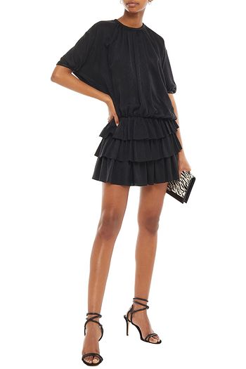 SAINT LAURENT Tiered gathered silk-satin jacquard mini dress