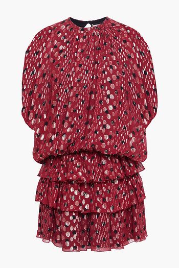 SAINT LAURENT Tiered metallic fil coupé silk-blend georgette mini dress