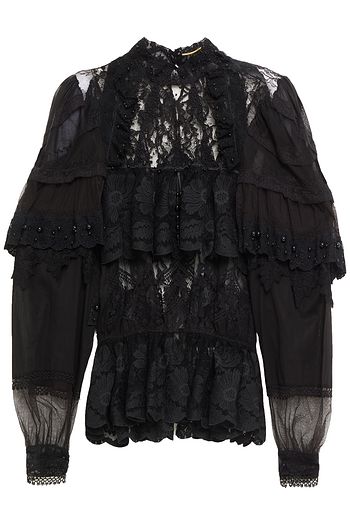 SAINT LAURENT Bead-embellished ruffled lace and cotton-blend gauze top