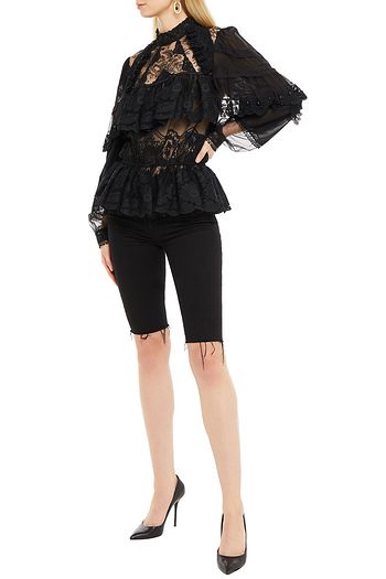 SAINT LAURENT Bead-embellished ruffled lace and cotton-blend gauze top