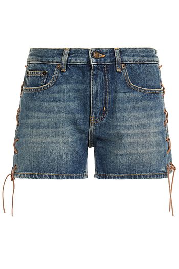 SAINT LAURENT Jeansshorts mit Lederbesatz und Schnürung