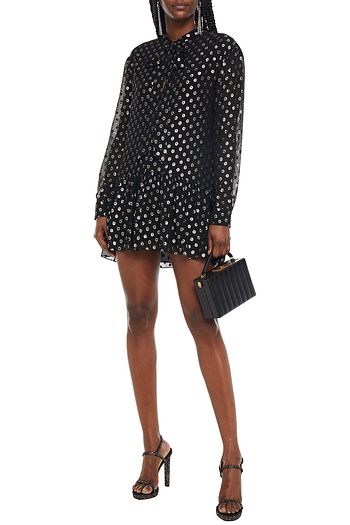 SAINT LAURENT Pussy-bow gathered metallic fil coupé silk-blend mini dress