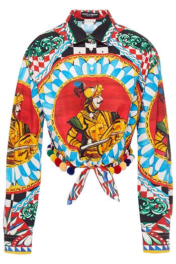 DOLCE & GABBANA Bedrucktes Hemd aus Baumwollpopeline mit Verzierung und Knotendetail