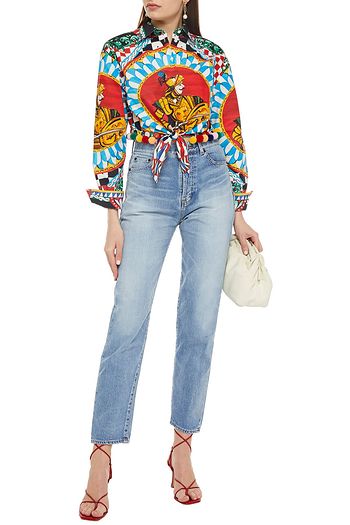 DOLCE & GABBANA Bedrucktes Hemd aus Baumwollpopeline mit Verzierung und Knotendetail