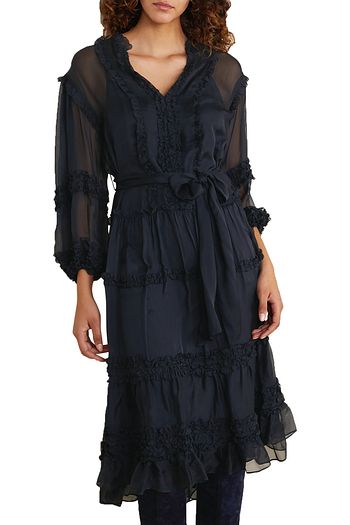 ULLA JOHNSON Althea Midikleid aus Seidenchiffon mit Gürtel und Rüschen