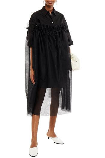 MM6 MAISON MARGIELA Hemdkleid in Midilänge aus Baumwollpopeline mit Rüschen und Tülleinsätzen