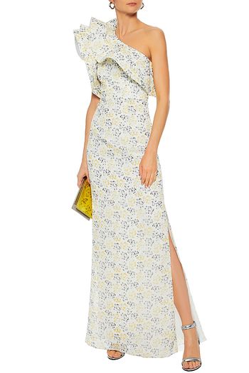 MIKAEL AGHAL One-shoulder ruffle-trimmed floral-print georgette gown