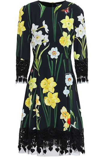 DOLCE & GABBANA Lace and tulle-trimmed floral-print crepe dress