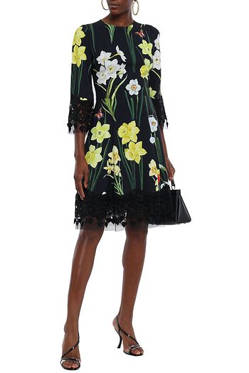 DOLCE & GABBANA Lace and tulle-trimmed floral-print crepe dress