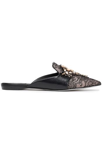 RENE' CAOVILLA Embellished lace and leather slippers