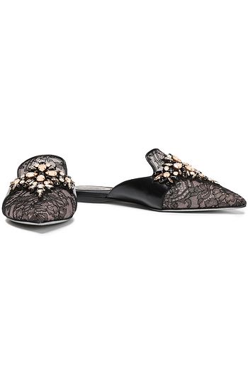 RENE' CAOVILLA Embellished lace and leather slippers