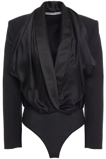ALEXANDER WANG Draped layered silk-satin and wool-twill bodysuit