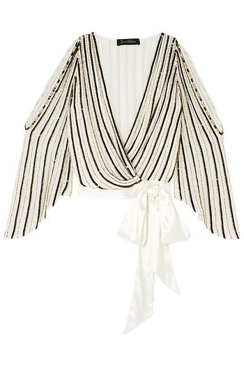 JENNY PACKHAM Cutout satin-trimmed embellished chiffon wrap blouse