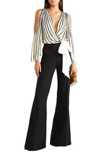 JENNY PACKHAM Cutout satin-trimmed embellished chiffon wrap blouse
