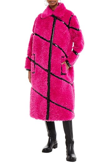 STAND STUDIO Cleo faux patent leather-trimmed faux shearling coat