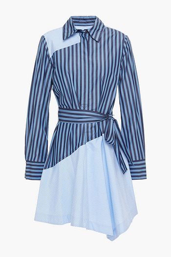 DEREK LAM 10 CROSBY Belted striped cotton-poplin mini shirt dress