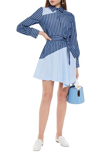 DEREK LAM 10 CROSBY Belted striped cotton-poplin mini shirt dress
