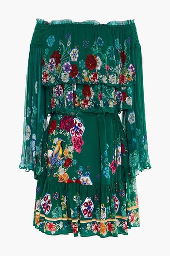 CAMILLA Off-the-shoulder tiered printed silk-georgette mini dress