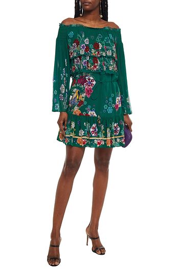 CAMILLA Off-the-shoulder tiered printed silk-georgette mini dress