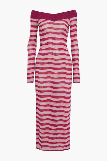 EMILIO PUCCI Off-the-shoulder metallic striped stretch-knit midi dress