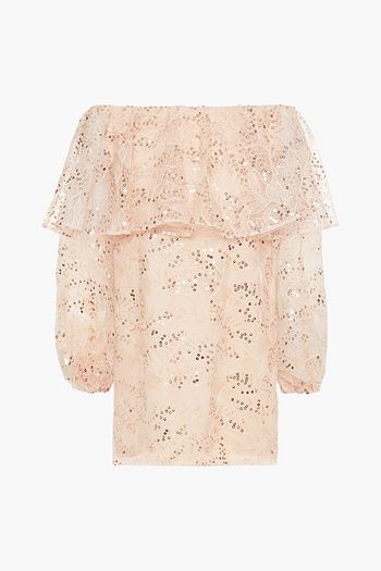 ROTATE BIRGER CHRISTENSEN Off-the-shoulder embellished embroidered tulle mini dress