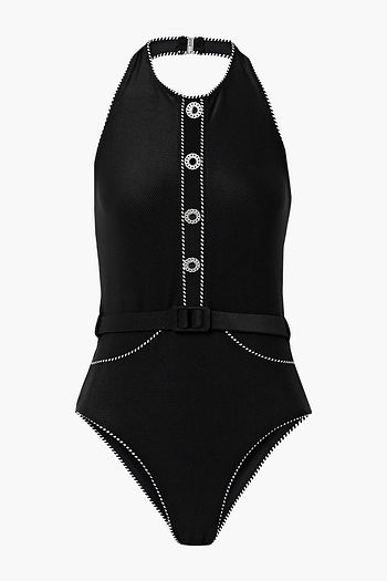 JONATHAN SIMKHAI Belted button-embellished halterneck swimsuit