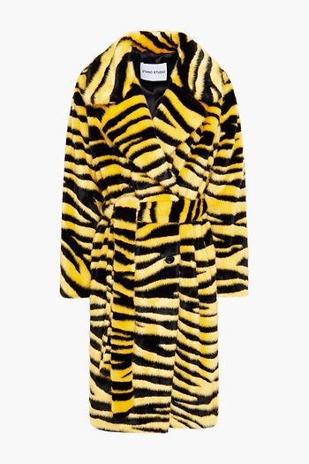 STAND STUDIO Belted tiger-print faux fur coat