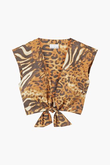 MIGUELINA Marcy cropped tie-front animal-print cotton-poplin top