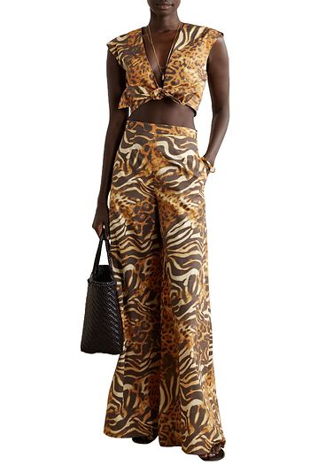 MIGUELINA Marcy cropped tie-front animal-print cotton-poplin top