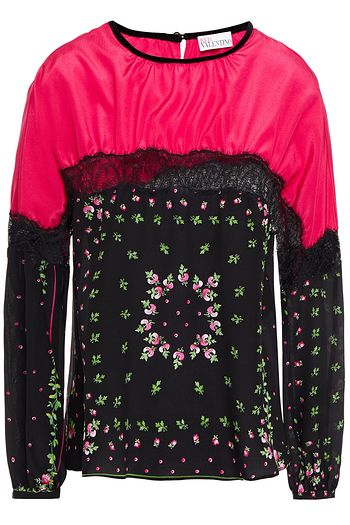 REDVALENTINO Paneled printed silk-satin and crepe de chine top